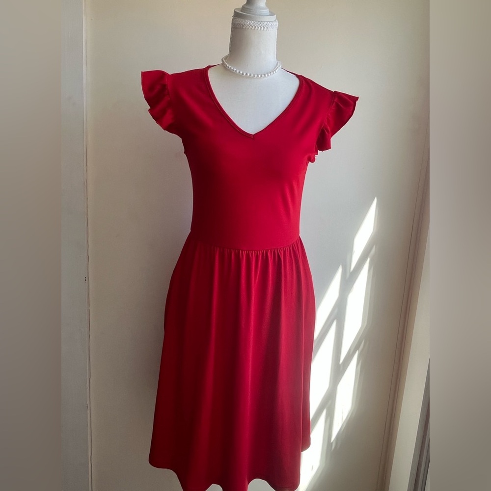 Red V-Neck Flutter Sleeve Midi Business Casual Collegiate Dress With Pockets